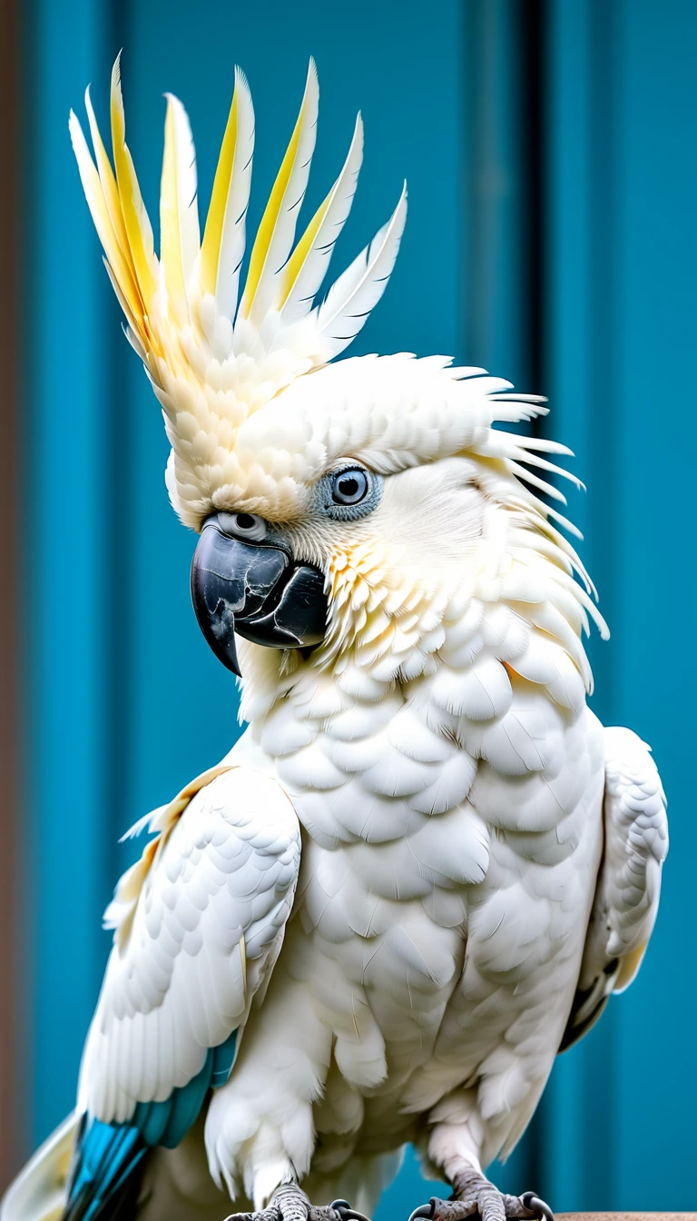 mage of white cockatoo, in the style of nikon af-s nikkor 70-200mm f/2.8e fl ed vr, dark yellow and light azure, avacadopunk, chinapunk, punctuated caricature, 32k uhd, uhd image --ar 3:2 --style raw --v 5.1