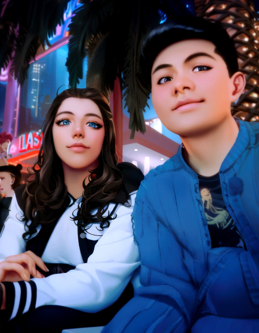 There are two people sitting next to each other on a bench, in las vegas, Tyler Edlin and Natasha Tan, kda and sam who, Jordan Grimmer and Natasha Tan, on a street in las vegas, on the future rooftop with neon lights, jin shan y ross tran, ruan jia and brom, Ruan Jia and Fenghua Zhong Desnudas