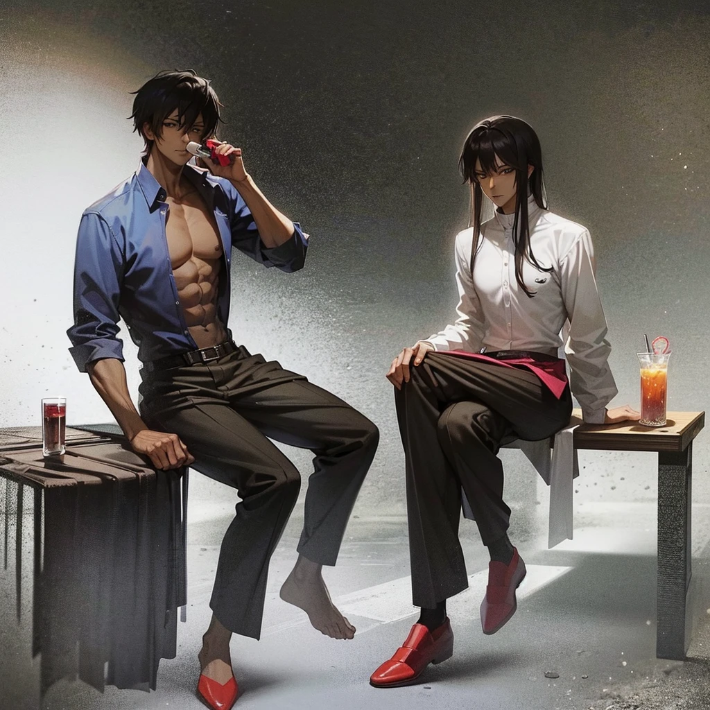 anime style, 25 years old, Brown skinned man, yandere look, yandere expression, Black hair, sitting back in a chair, half of his body exposed, drinking a cocktail, drinking water flowing down his chin, inviting,looking at the camera, abs