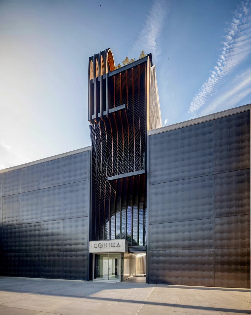 Realistic Photo, Provide a highly detailed visual description of the exterior facade, focusing on the flowing, curved wave shapes and how they create a dynamic, sculptural look, Describe the overall massing, scale, and grandeur of the building's design, Discuss how the undulating facade interacts with light and shadow to create a sense of movement, Note any distinctive architectural features like the entrance, canopies, etc. that reinforce the wave design motif, Describe the interior spaces and how they relate to the exterior sculptural form, Use vivid descriptive language to convey a sense of awe and appreciation for the innovative, creative design, Analyze how the building defies conventional design norms yet achieves functionality, Contextualize it as an iconic addition to the cityscape and a new landmark, Discuss the broader significance of the design as pushing boundaries in modern architecture