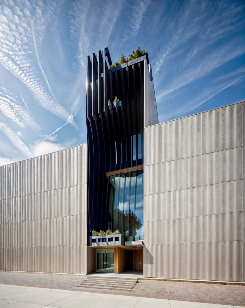 Realistic Photo, Provide a highly detailed visual description of the exterior facade, focusing on the flowing, curved wave shapes and how they create a dynamic, sculptural look, Describe the overall massing, scale, and grandeur of the building's design, Discuss how the undulating facade interacts with light and shadow to create a sense of movement, Note any distinctive architectural features like the entrance, canopies, etc. that reinforce the wave design motif, Describe the interior spaces and how they relate to the exterior sculptural form, Use vivid descriptive language to convey a sense of awe and appreciation for the innovative, creative design, Analyze how the building defies conventional design norms yet achieves functionality, Contextualize it as an iconic addition to the cityscape and a new landmark, Discuss the broader significance of the design as pushing boundaries in modern architecture
