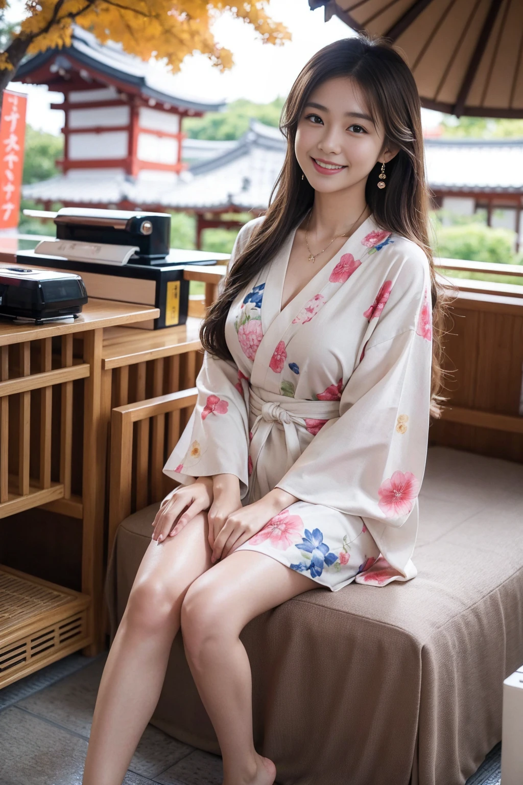Highest quality,8K, Detailed facial depiction, Detailed description of the eyes,One Woman, Light brown hair(Medium-long hair),Beautiful Japanese Girl,24-years-old,Cute eyes,Cute Smile,Yukata beauty,Brown plain yukata,Slender body, Large, plump breast size, Long and beautiful legs,Smiling, Colorful earrings,necklace,Are standing,Beautiful nape,Japanese Summer Festivals,There are food stalls