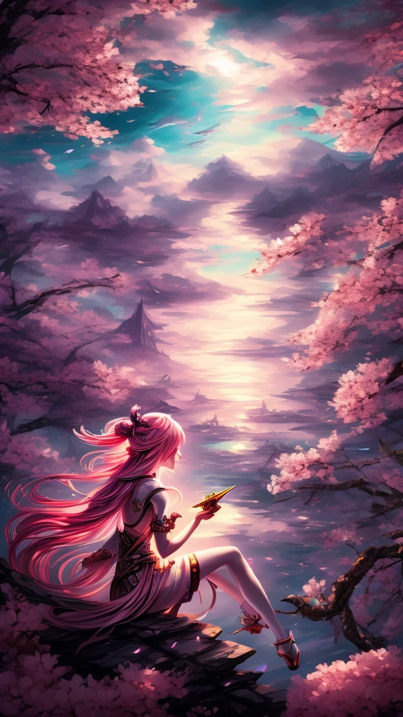 "((Fantasy art)) featuring an alien girl, immersed in a heavenly symphony, clouds turn into bright splashes, flowers are scattered, like notes in the wind, visual orchestration of color and wonder"masterpiece, A high resolution, Best quality, 1 girl solo, , Sitting, over a huge sakura