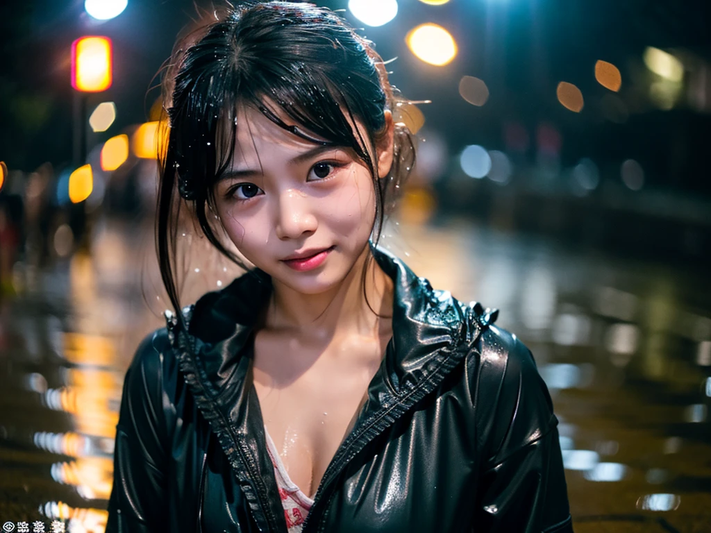 songkran,Wet roads , soaked through,drenched, Dripping, Wet Face,Wet clothes, Wet Skin, Wet Hair,A young woman with a cute face like an idol,chest,((Daytime)),(Cinema lighting),(High level of artistry),RAW Photos,Genuine,Genuine,High resolution,RAW Photos,masterpiece, beautiful