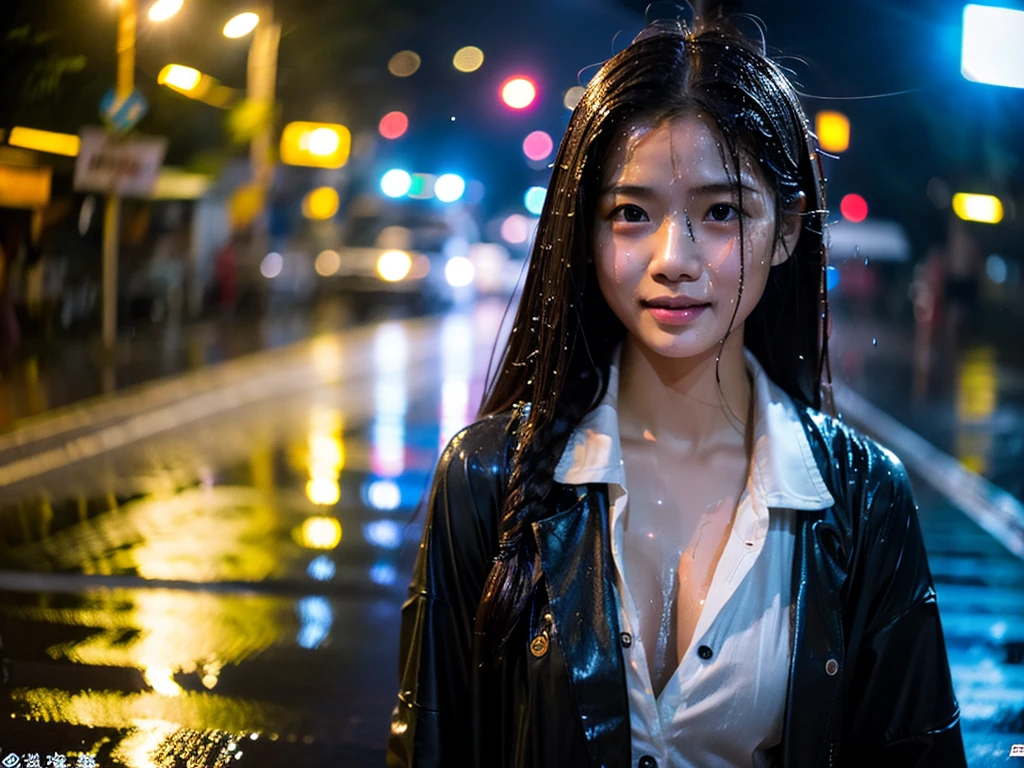 songkran,Wet roads , soaked through,drenched, Dripping, Wet Face,Wet clothes, Wet Skin, Wet Hair,A young woman with a cute face like an idol,chest,((Daytime)),(Cinema lighting),(High level of artistry),RAW Photos,Genuine,Genuine,High resolution,RAW Photos,masterpiece, beautiful