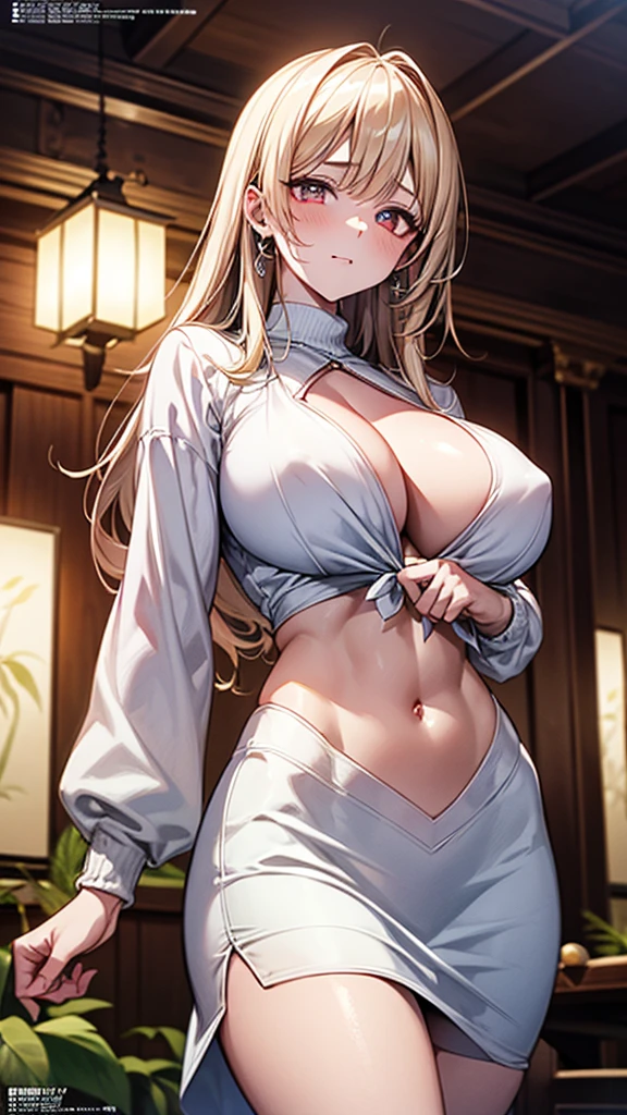 White knit dress、(Perfect Anatomy),(8K,masterpiece:2.0,Megami Magazine:1.4,Highest quality, Ultra-high resolution, Super detailed,Beautiful illustrations),(natureなサイドライティング, Cinema Lighting),nature,(Two arms,both hands,Two Regulations,Five Fingers),1 female,20-year-old,(Glowing Skin,Hanging eyes,Big eyes,Drunk Eyes,Beautiful attention to detail),Curvy,Two huge breasts,Saggy breasts,Abdominal muscles,