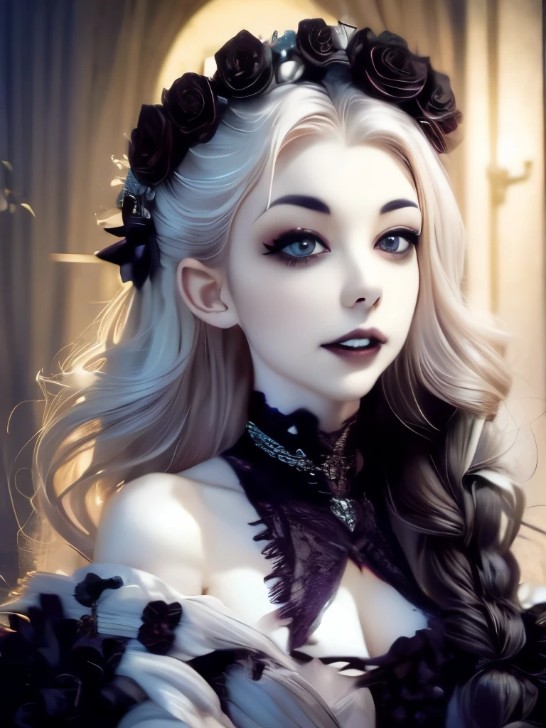 arafed woman with a flower crown on her head smiling, pale goth beauty, pale skin and dark eyes, pale ivory skin, ivory pale skin, pale skin curly blond hair, with pale skin, with curly black and silver hair, beautiful frankenstein, she looks like a mix of grimes, 1 7 -  - old h girl, victorian vampire, goth girl aesthetic