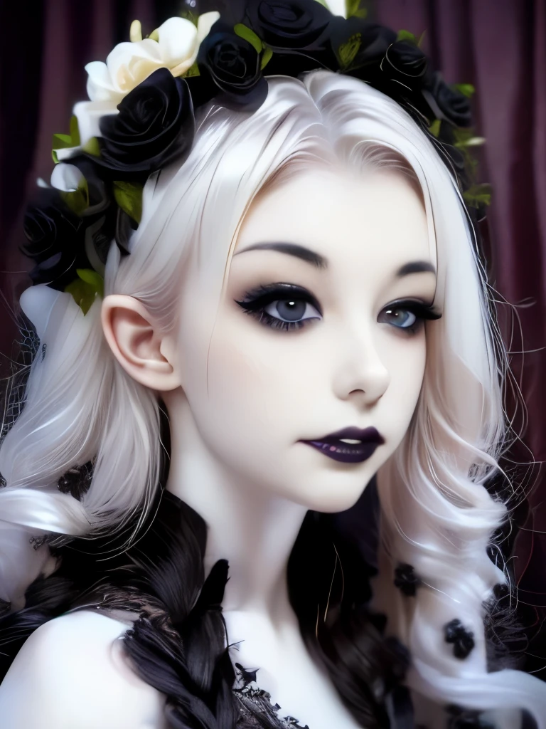 arafed woman with a flower crown on her head smiling, pale goth beauty, pale skin and dark eyes, pale ivory skin, ivory pale skin, pale skin curly blond hair, with pale skin, with curly black and silver hair, beautiful frankenstein, she looks like a mix of grimes, 1 7 - year - old goth girl, victorian vampire, goth girl aesthetic