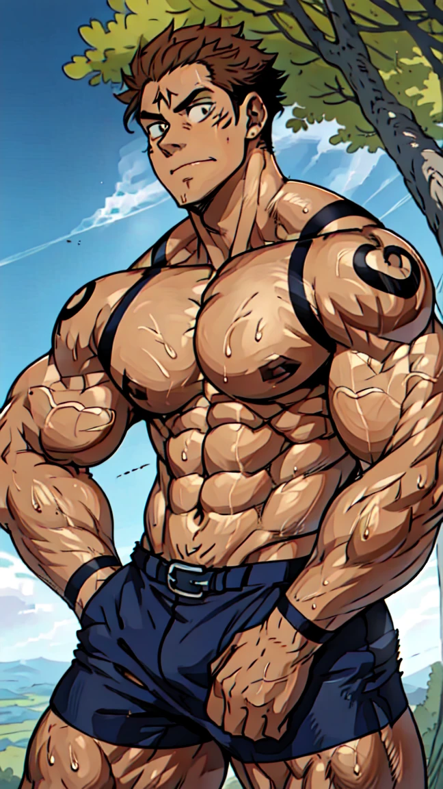 Youthful feeling，( Tattoo),(Thick body hair)，Upper body，(He was wearing baggy shorts，Revealing his length, muscular, hairy)，（Leaning against a tree),(For the audience) ，(Put his hands on his waist)， (Focus on your audience) ，(There is a huge bulge in the area)，sideways，Sharp eyes，(Thick dark brown hair)，(Bottom-up view)，Broad shoulders，Muscles protrude a lot，Highest image quality，cartoon ，Anime Wallpaper，Chest muscle expansion，spread your legs，Sexy,(main part, best quality)，((Exaggerated muscle bulge))，The protagonist is tall，muscular and bulky, muscular characters, Awesome and cool, tall and muscular, muscular!!, Very strong, muscular attractive men, Huge muscles, Big Muscle, Muscle Man, Anime handsome man, muscular!, Giant muscles, muscular bodies，(canto da foto de baixo para cima) (imagem da mais alta qualidade) ，Close-up photos，Lion man ,real, jovem, , vestindo shorts, virilha saliente, imagem de anime, Leaning against a tree, pernas bem abertas, male face, bonito rosto jovem, cabelo subcortado, huge muscle muscles of the chest, large strong thigh muscles, Biceps Sinewy muscles, Corpo enorme, corpo tonificado devido ao treinamento intenso, Well-developed muscles, ABS transparente de 8 embalagens, 3 metros de altura, topless, , pele brilhante, rede de suor pingando, （hands on thighs）, bare feet, Sem barba，Thick Legs，