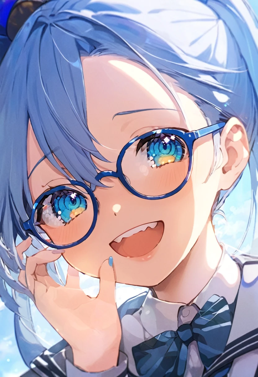 Blue Glasses Light blue hair girl ponytail Laughing Middle school students Mainly face Close up of face Highest quality 傑作 Blue Glasses Blue Glasses
