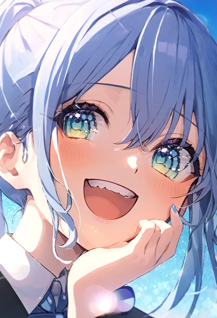 Blue Glasses Light blue hair girl ponytail Laughing Middle school students Mainly face Close up of face Highest quality 傑作 Blue Glasses Blue Glasses