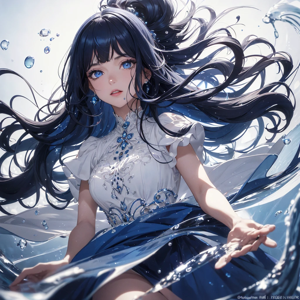 absurderes, ultra-detailliert,bright colour,(in 8K:1.3),masuter piece,extremely beautiful detailed face and eyes, 25 years old,(Smooth straight dark blue hair), (Shiny long hair),(Pattsun bangs), (Deep blue eyes) Delicate beautiful face, red blush, (wearing white dress), Nice Spot, floating particles and droplets of water.