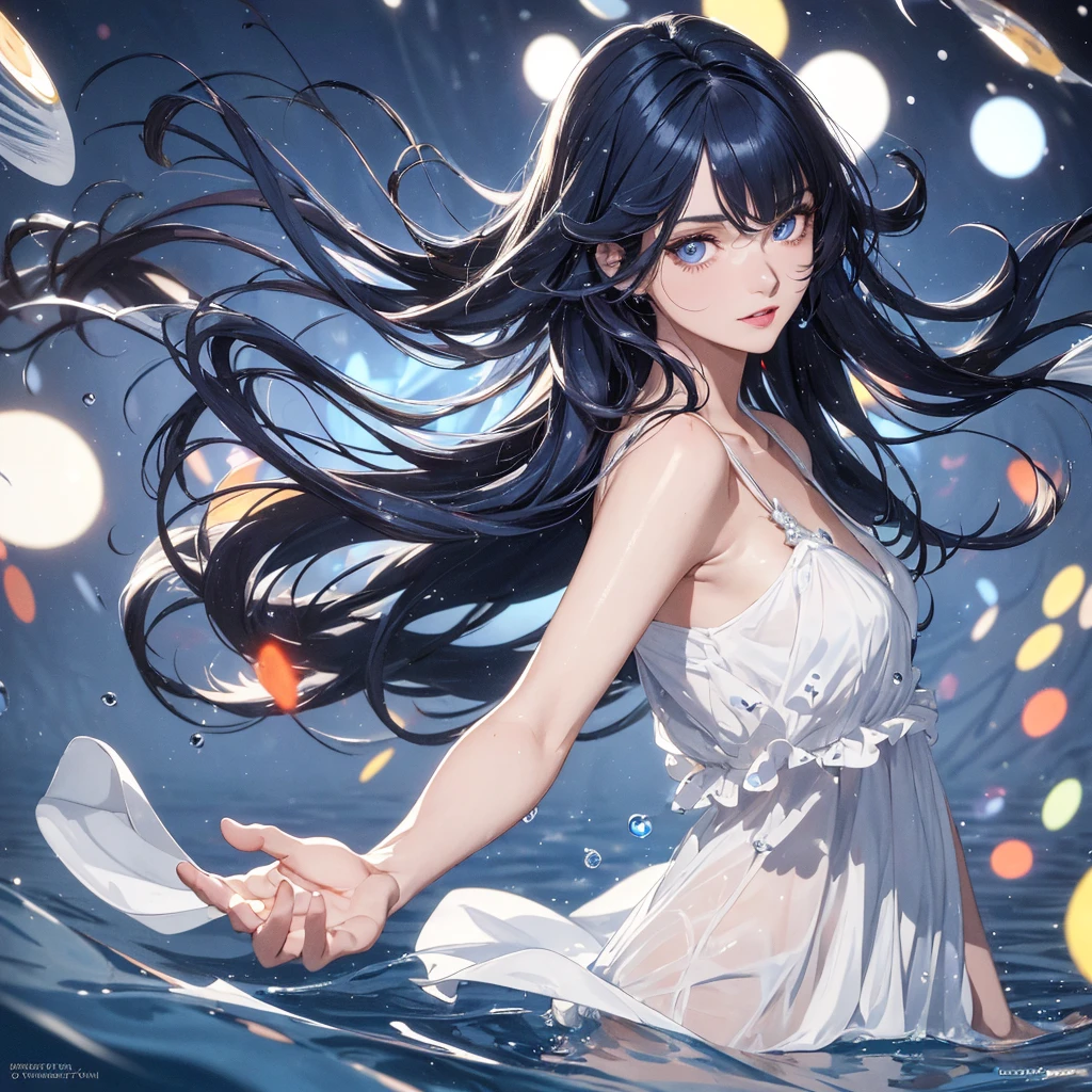 absurderes, ultra-detailliert,bright colour,(in 8K:1.3),masuter piece,extremely beautiful detailed face and eyes, 25 years old,(Smooth straight dark blue hair), (Shiny long hair),(Pattsun bangs), (Deep blue eyes) Delicate beautiful face, red blush, (wearing white dress), Nice Spot, floating particles and droplets of water.