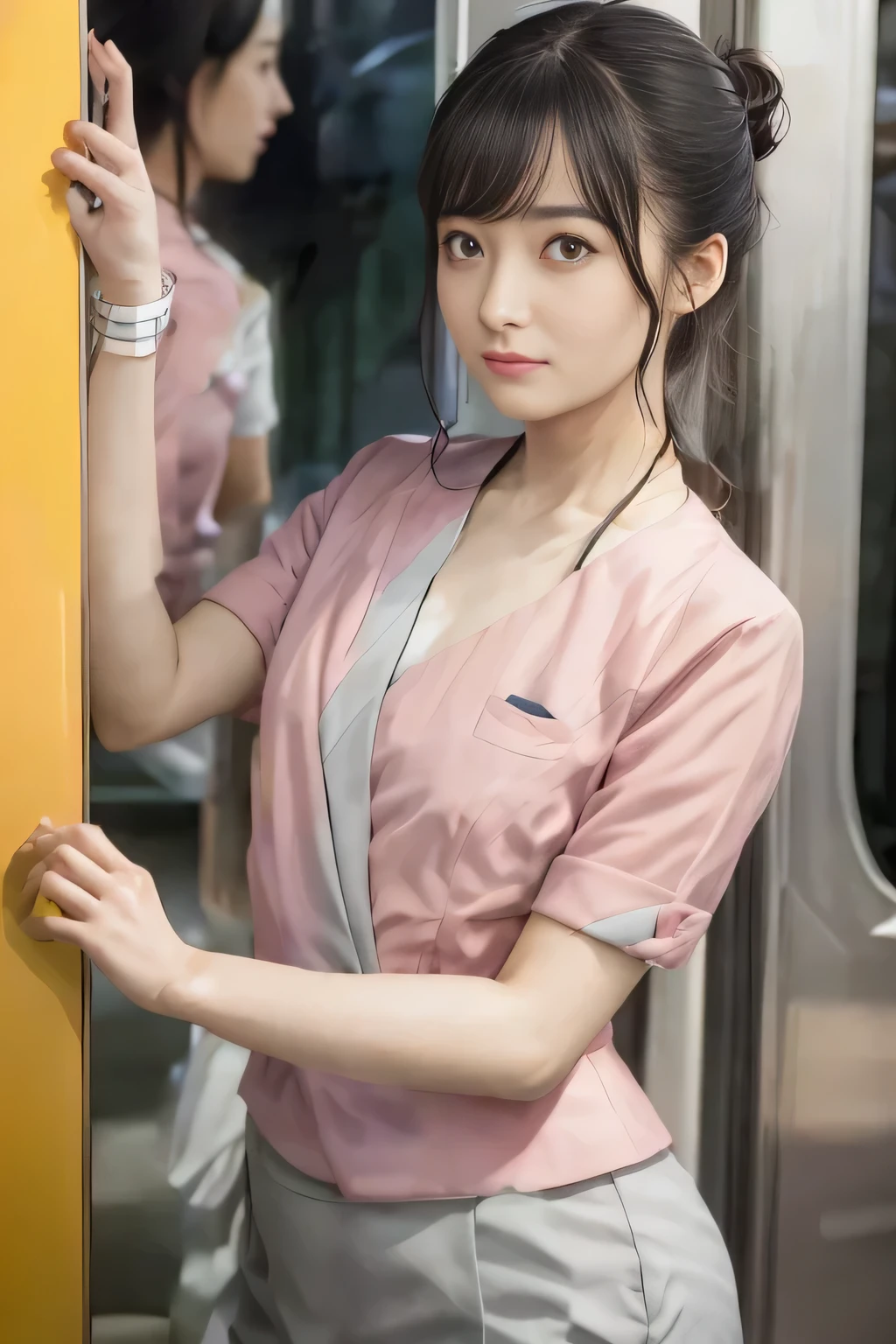 (masterpiece:1.2, Highest quality:1.2), 32k HDR, High resolution, (alone、1 girl)、 (Height: 160cm)、(On the rooftop of a building in the daytime、Professional Lighting)、Building rooftop background、(Nankai train crew uniform pinkを着たリアルスタイル)、(Nankai train crew uniform pink short sleeve collarless pink jacket、Nankai Train Crew Uniform Pink Collarless Short Sleeve Blouse、Nankai Train Crew Uniform Pink Grey Knee-length Culottes)、(The pink jacket is showing from the culottes.)、Dark brown hair、(Hair tied up、Hair tied up、Evening curly hairstyle)、Dark brown hair、Long Shot、Big Breasts、Thin legs、((Great hands:2.0)),((Harmonious body proportions:1.5)),((Normal limbs:2.0)),((Normal finger:2.0)),((Delicate eyes:2.0)),((Normal eyes:2.0)))、smile、(Nankai Train Crew Uniform Pink Grey Knee-length Culottesを見せた美しい歩く姿)、Place your hands around your stomach、Lanyard employee ID card