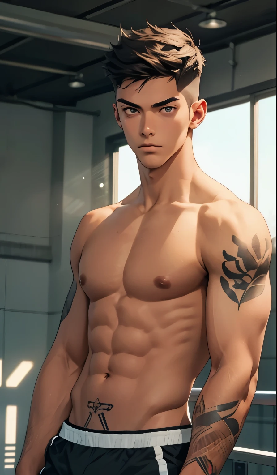 1 boy,tall and strong,perfect male figure, eyes looking at camera.(sports student), ((tanned skin)),short hair，Shirtless，cool tattoos,Bracers,serious expression, ,Ray tracing，glowing eyes