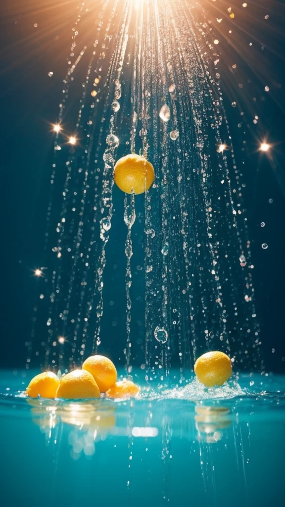 Summer Dream,The faucet washes the fruit in the sink,Dreamy lighting,The scattered water drops float in the air and sparkle in the sun,HD,Details,Best quality