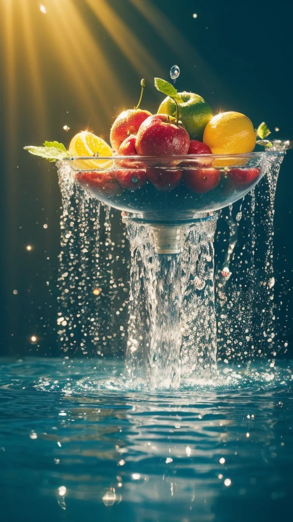 Summer Dream,The faucet washes the fruit in the sink,Dreamy lighting,The scattered water drops float in the air and sparkle in the sun,HD,Details,Best quality