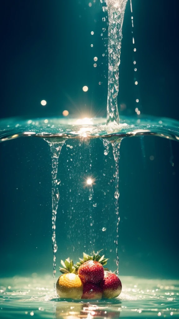 Summer Dream，The faucet washes the fruit in the sink，Dreamy lighting，The scattered water drops float in the air and sparkle in the sun，HD，Details，Best quality