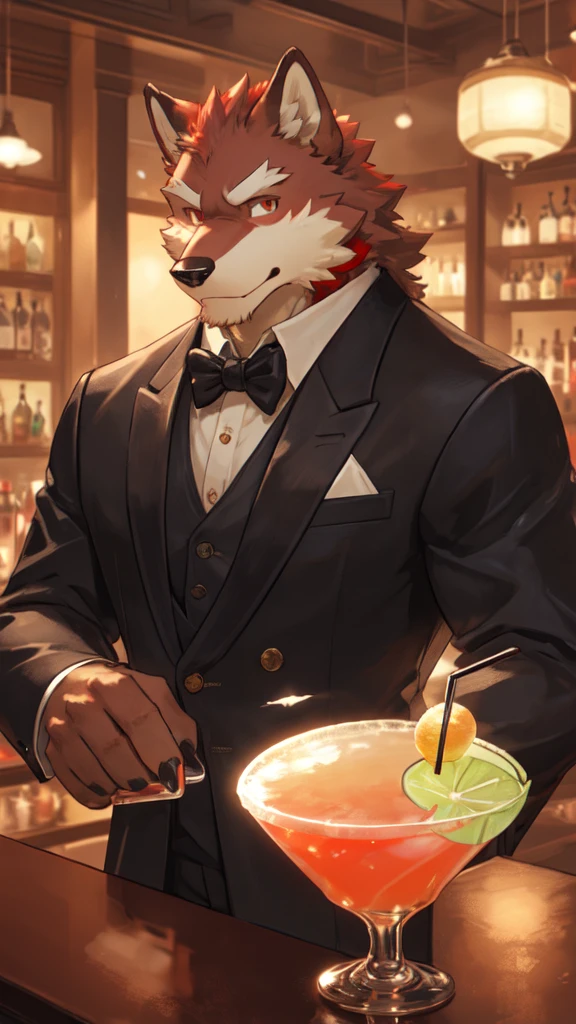 Best quality, diederich olsen (/knights college/), wolf, kemono, nj5furry, Red Fur, Red eyes, Medium Muscular Body, Solo, A charming bartender, elegant Pose, suit, Fierce eyes, Smille, a dimly lit bar, (expertly crafting a deep, amber-hued cocktail in highball glass:1.5), behind the counter, full body