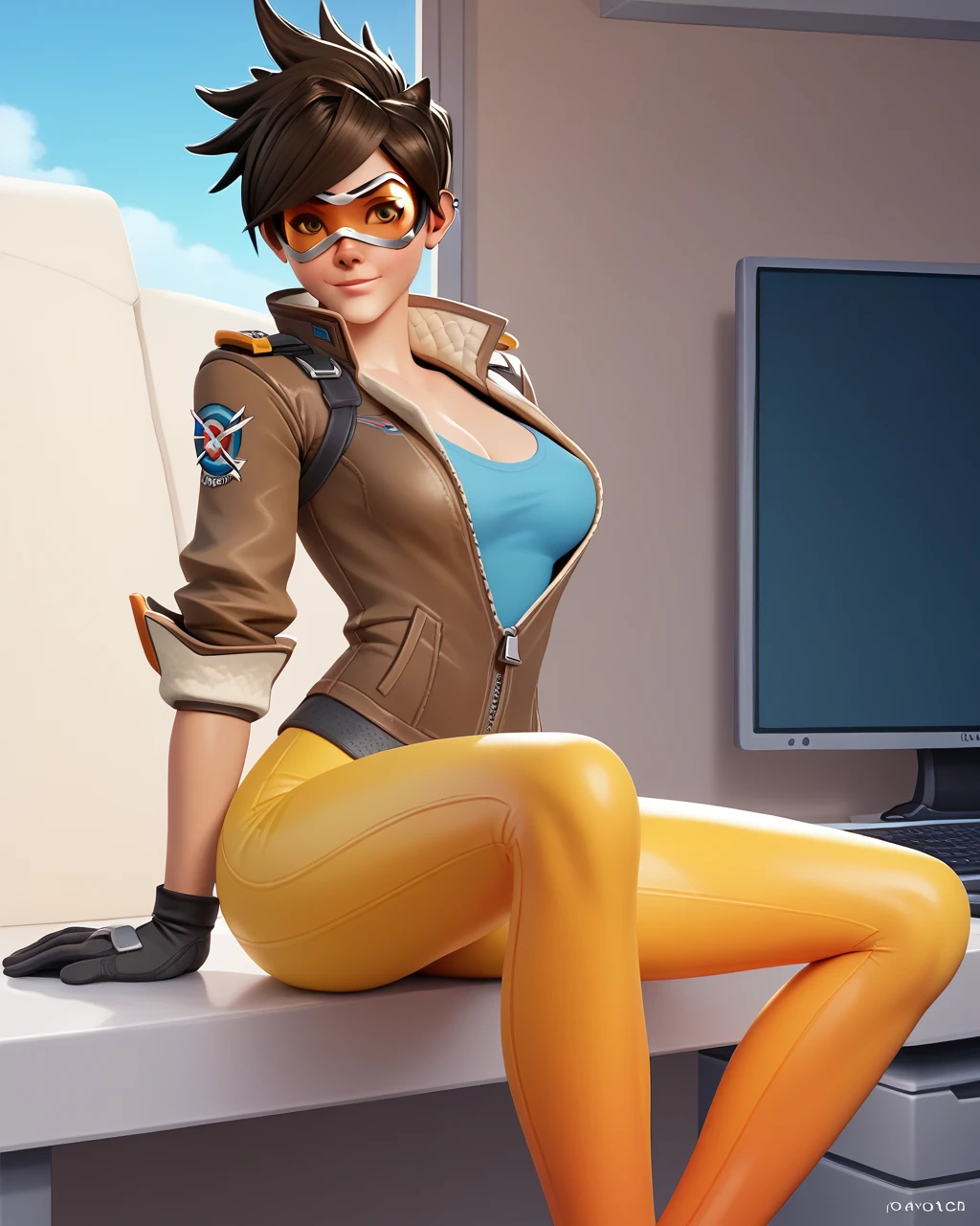 score_9, score_8_up, score_7_up, source_anime, Tracer Overwatch, ripped pants, chained to wall, legs over head, stirrup legwear, crying, ruined lipstick, running maskara, running makeup