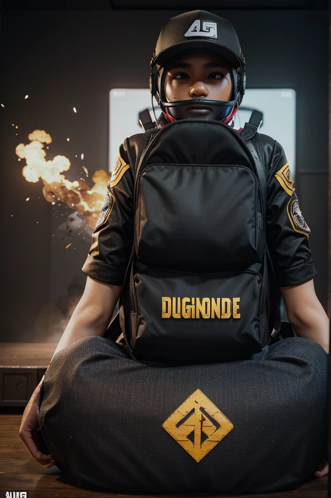 Design a vibrant 3d gaming logo dengan seorang karakter game PUBG bagian belakangnya cahaya menyala, in the middle it says &quot;SLX SQUAD&quot;, background logo putih