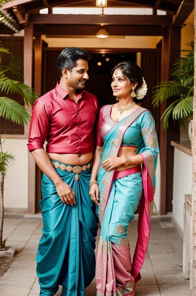 Traditional  40 years young couple images woman with a saree and woman husband with pant and shirt