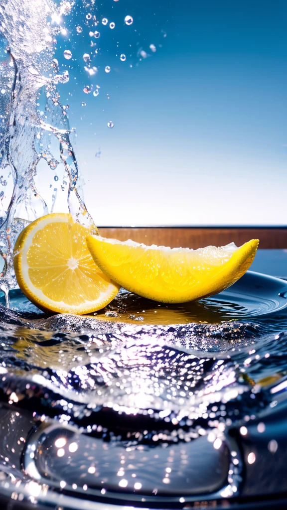 Summer Dream，The faucet washes the fruit in the sink，Dreamy lighting，The scattered water drops float in the air and sparkle in the sun，HD，Details，Best quality