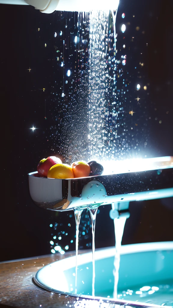 Summer Dream，The faucet washes the fruit in the sink，Dreamy lighting，The scattered water drops float in the air and sparkle in the sun，HD，Details，Best quality