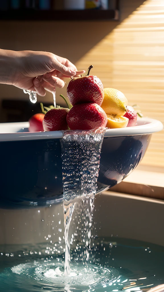 Summer Dream,The faucet washes the fruit in the sink,Dreamy lighting,The scattered water drops float in the air and sparkle in the sun,HD,Details,Best quality