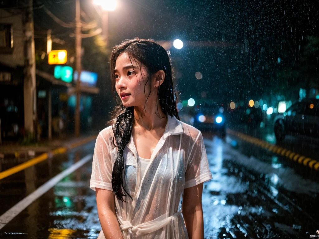songkran,Wet roads , soaked through,drenched, Dripping, Wet Face,Wet clothes, Wet Skin, Wet Hair,A young woman with a cute face like an idol,chest,((Daytime)),(Cinema lighting),(High level of artistry),RAW Photos,Genuine,Genuine,High resolution,RAW Photos,masterpiece, beautiful