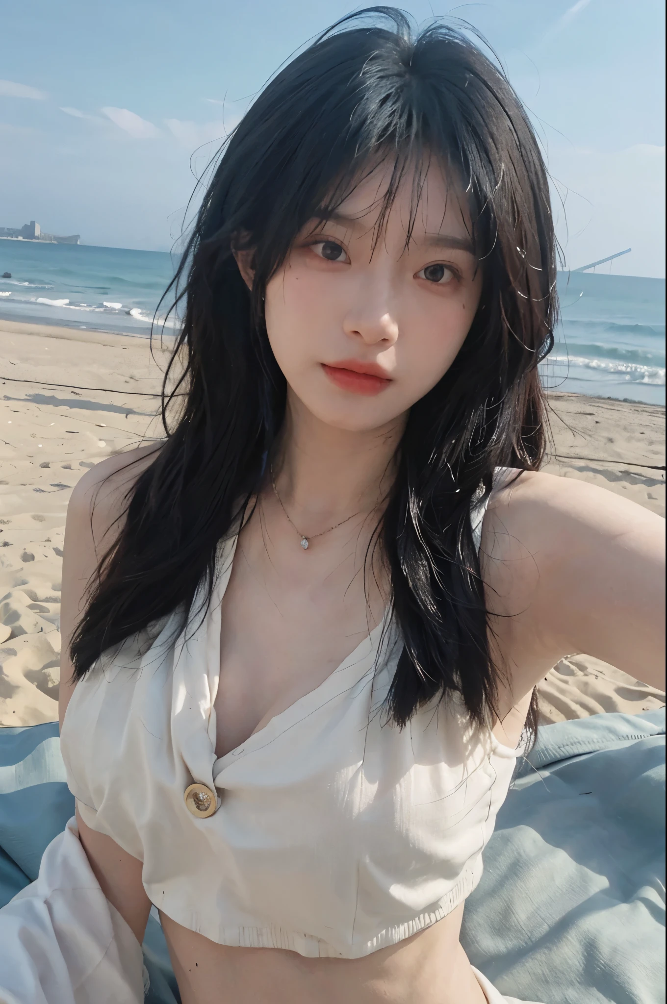 Best quality，Ultra-high resolution，（lifelike：1.4），Cute hairpin，1girll，Long curly hair，jk，Blush，Slim beauty：1.4，Visible abdominal muscles，on the beach，Ultra-fine face，Exquisite eyes，Double eyelids，necklace