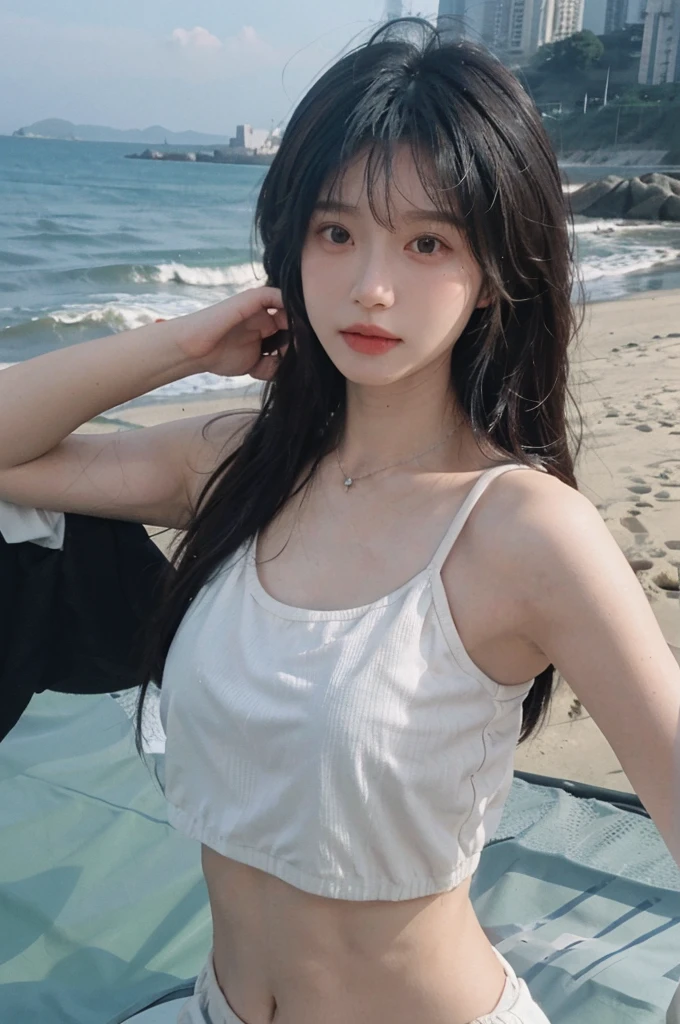 Best quality，Ultra-high resolution，（lifelike：1.4），Cute hairpin，1girll，Long curly hair，jk，Blush，Slim beauty：1.4，Visible abdominal muscles，on the beach，Ultra-fine face，Exquisite eyes，Double eyelids，necklace