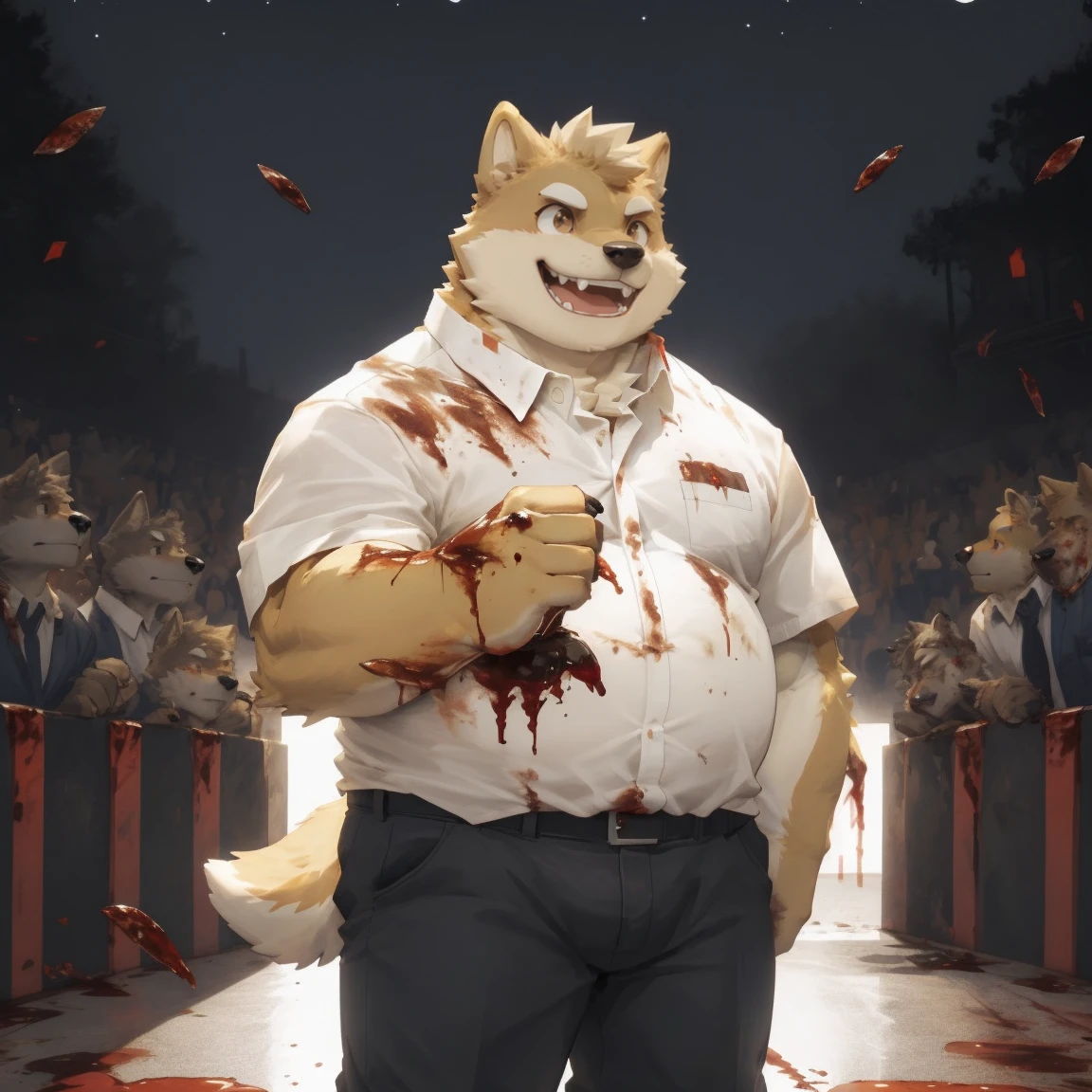 masterpiece, best quality, 8k resolution, Very detailed, hairy，Shiba Inu，(Black hair)，(((golden fur)))，(((Blood red eyes)))，Chubby，Chubby face，(((White shirt)))，(((Loose shirt)))，((Black pants))，(((For the audience)))，Highest quality scene，(((Solitary)))，(((solitary)))，Upright，portrait，((Hand drooping normally))，((Night))，((bloody))，((Face-to-face))，(((Eyes on me)))，(((The eyes are empty)))，(((Round face)))，(((Smiling evilly)))，(((Blood all over)))，(((Standing)))