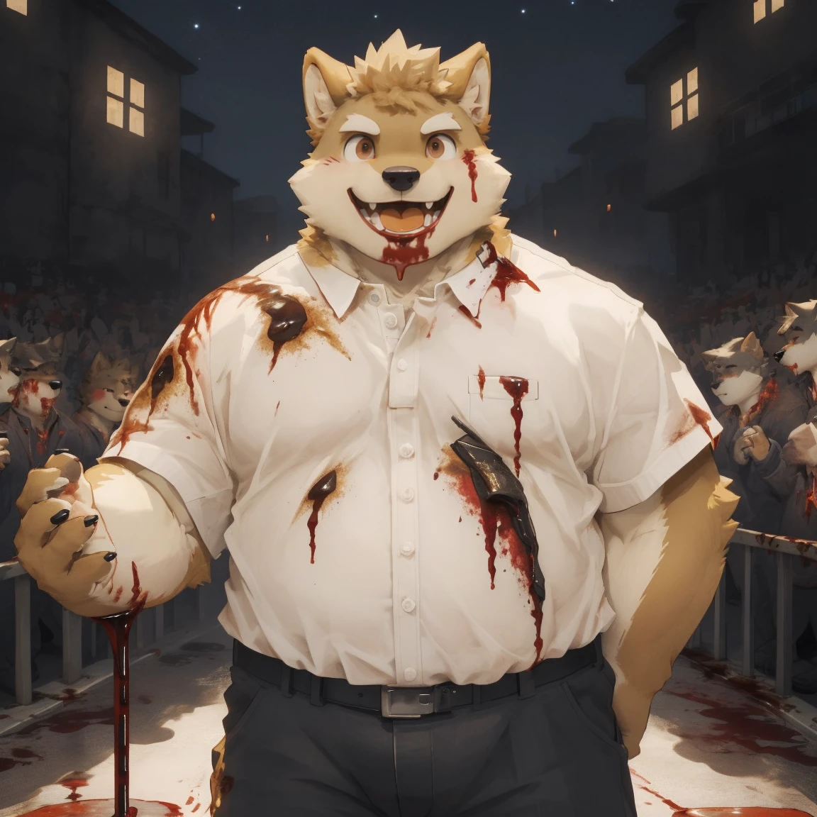 masterpiece, best quality, 8k resolution, Very detailed, hairy，Shiba Inu，(Black hair)，(((golden fur)))，(((Blood red eyes)))，Chubby，Chubby face，(((White shirt)))，(((Loose shirt)))，((Black pants))，(((For the audience)))，Highest quality scene，(((Solitary)))，(((solitary)))，Upright，portrait，((Hand drooping normally))，((Night))，((bloody))，((Face-to-face))，(((Eyes on me)))，(((The eyes are empty)))，(((Round face)))，(((Smiling evilly)))，(((Blood all over)))，(((Standing)))