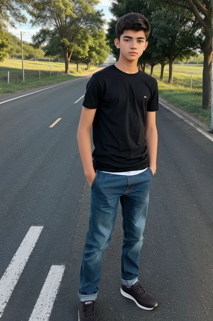 A 18 year old boy standing on road