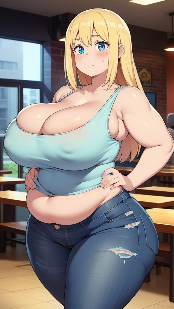 ((Masterpiece)), perfect anatomy, perfect shading, field of depth, (best quality), extremely delicate and beautiful, perfect lighting, detailed face, ultra cute face, cute, (1girl), (solo),

long fluffy blonde hair, blue eyes, ((blush)), nervous, looking at viewer, tank top, jeans, cleavage, large breasts, ((thick thighs)), (wide hips), fat ass, chubby, 

intricate background, detailed background, fast food restaurant, standing, 
