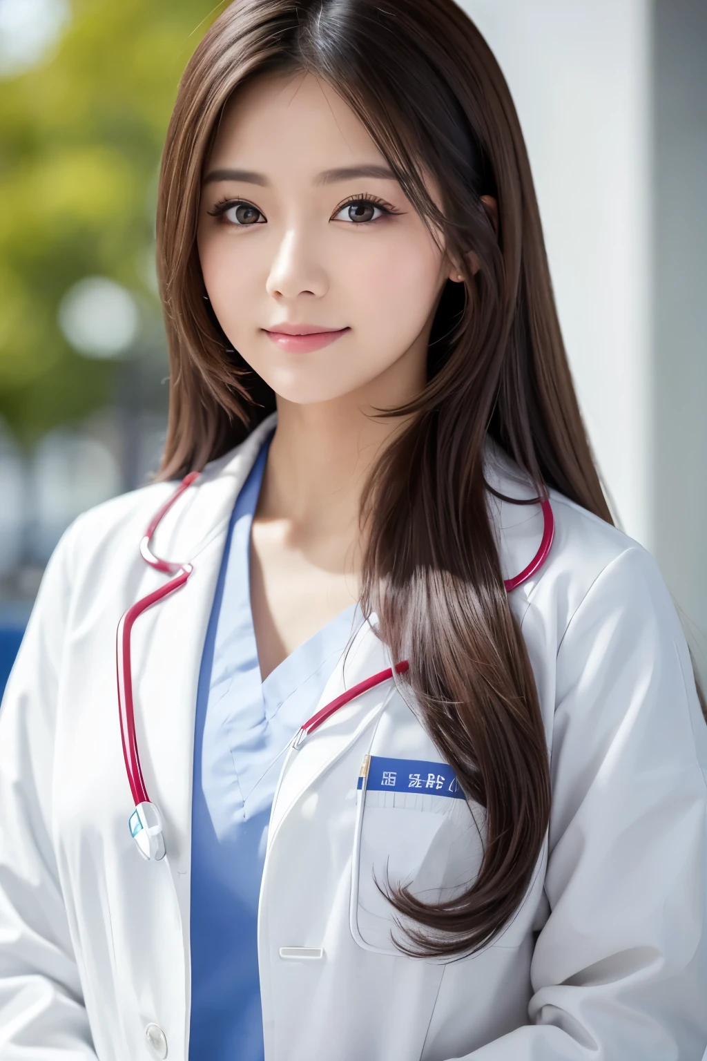 Best quality, 1 beautiful nurse, wearing white coat, long hair, looking at viewer, hospital background, highly detailed
