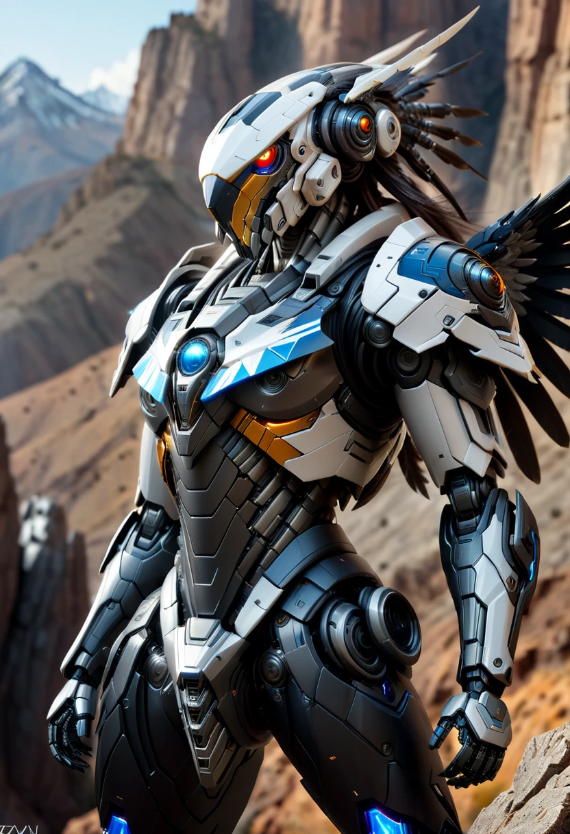 **Image Prompt:** "A futuristic Apache warrior, clad in a sleek mecha suit, stands proudly on a mountain cliffside, with a majestic eagle drone perched on his shoulder. The mecha's metallic body is adorned with intricate details and glowing blue accents, while the eagle drone's wings are spread wide, as if ready to take flight. The background is a stunning mountain range, with rugged peaks and valleys stretching out as far as the eye can see. The lighting is dramatic, with the warm glow of the setting sun casting long shadows across the landscape. The bokeh effect is subtle, with a soft focus on the mecha and the eagle drone, while the background is blurred, creating a sense of depth and dimensionality. The overall effect is one of hyper-realism, with every detail meticulously rendered in high-definition." **Image Specifications:** * Resolution: 3840x2160 pixels (4K) * Color Palette: Metallic blues and silvers, with warm earth tones and pops of bright colors from the mecha's details and the eagle drone's feathers * Style: Hyper-realistic, futuristic, and dramatic * Composition: The Apache warrior is centered in the frame, with the mountain cliffside stretching out behind him * Lighting: Dramatic, with a focus on the warm glow of the setting sun * Mood: Powerful, majestic, and awe-inspiring * Camera: DSLR camera with a wide-angle lens, capturing the stunning vista of the mountain range in the background This image prompt combines the rich cultural heritage of the Apache people with the futuristic design of a mecha suit and the majestic beauty of an eagle drone. The result is a hyper-realistic image that is both visually stunning and emotionally impactful.