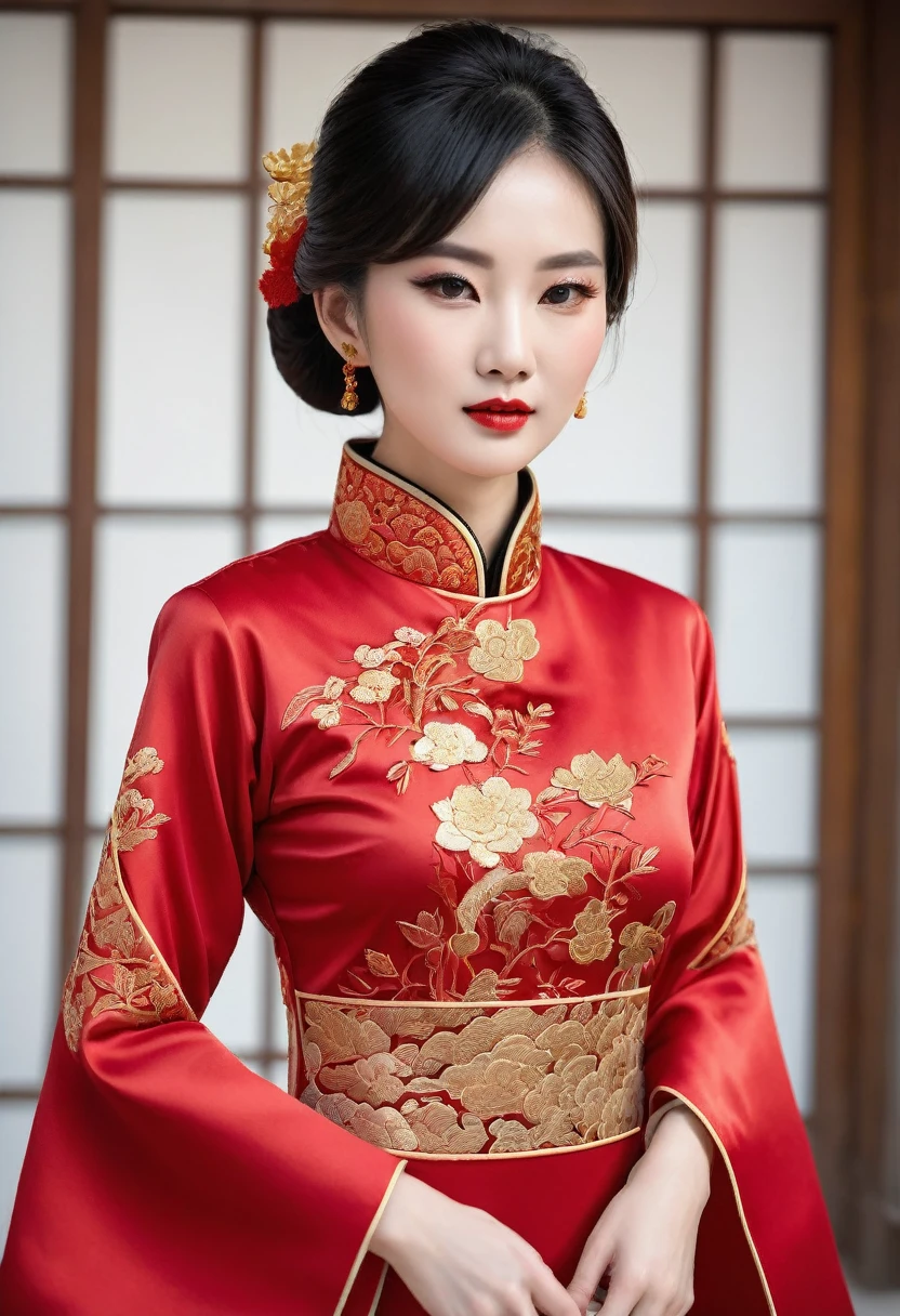 a woman, Cheongsam, Stuffed collar, garment with deep horizontal slits, gold embroidery on red fabric,