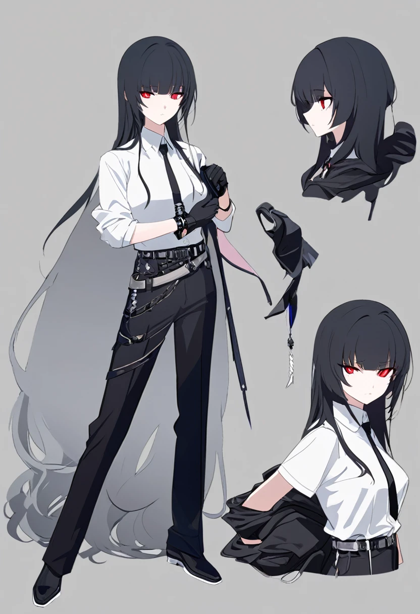 One woman,Dynamic,whole body,Are standing,mysterious,Concept Art,Character Design,Jet black straight hair,The bangs are trimmed to accentuate the eyes.,Well-proportioned face,Sharp Eyes,White shirt,Black tie,Black slacks,Silver cufflinks on the left hand,On the ring finger of her right hand she wears a simple silver ring.。Luxury watches,Black leather shoes,beltでウエストラインを強調,Arknights Wind,Stylish,Red eyes,belt,Stylish,Simple background gray,Details,Okabo Hair,Half-open eyes,Cool appearance,,Black gloves,