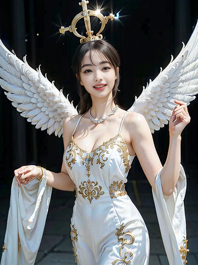 ((Very beautiful angel queen,The final form as a perfect angel, the masterpiece of an angel,Huge and intricate angel wings,The most dignified wings,Golden light,shining background,The most opulent and holy temple background,White and gold temple background,King of Angels, The most dignified angel, ((extremely detailed beautiful dresses)), (Intricate and solemn dresses, Light blue and gold embellishment dress on white, Light blue and gold dress on white base), (The most intricate and beautiful dresses, dresses decorated with some expensive jewels), ((extremely detailed gorgeous jeweled necklace)), Complex and majestic angel figure, The most intricately depicted figure of an angel, The World's Most Beautiful, Unimaginable beauties, (slim figure, attractive body shape, divine atmosphere), (smooth thin hair very fluttering in the wind, shiny hair), Intricate reproduction of the perfect angelic detail, The figure of an unimaginably gorgeous angel, The figure of an unimaginably huge angel)),((Most beautiful face, Half Japan and half Spanish, The biggest happy smile, The most luxurious and intricate dresses, The biggest smile looking at the camera)), Beautiful firm cleavage, beautiful clavicle, (Beautiful firm medium breasts), (Elegant standing figure, Fold your hands in front of your navel,)),Chest that seems to burst, Giant wings of angels, The background is the appearance of a perfect angel castle,Masterpiece,8K,very intricate, ultra detailliart, captivating and visually stunning piece of fractal art featuring, created by a renowned artist, vibrant colors. Formal artistic quality with strong aesthetic appeal.