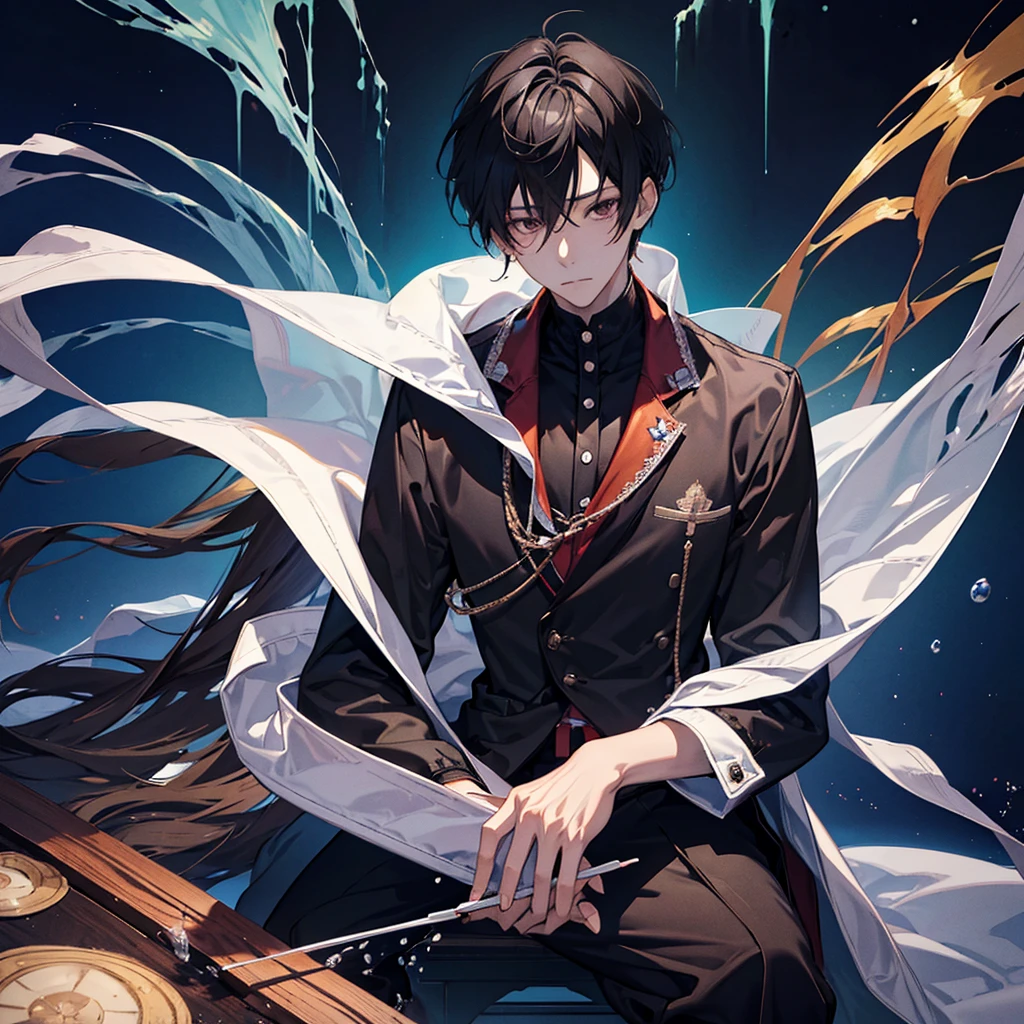 anime style, 25 years old, Brown skinned man, yandere look, yandere expression, Black hair, sitting back in a chair, half of his body exposed, drinking a cocktail, drinking water flowing down his chin, inviting,looking at the camera,abs