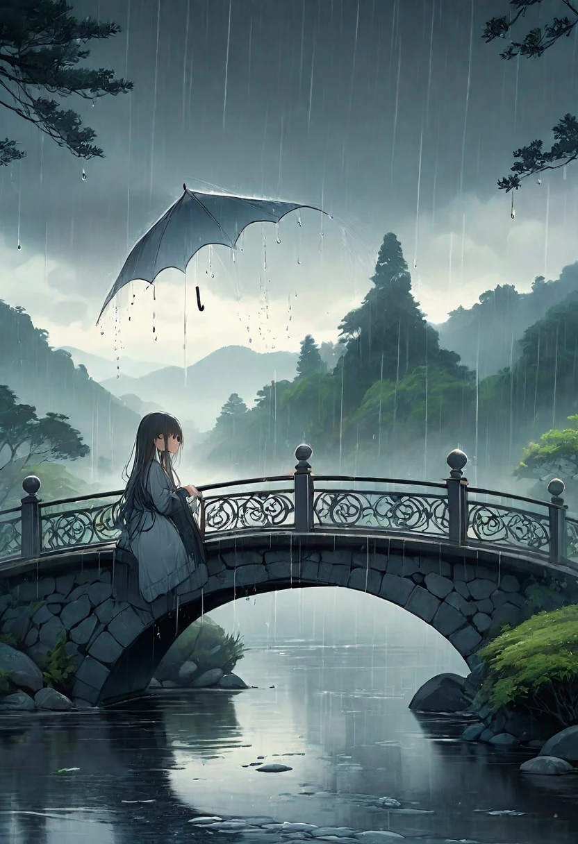 A touching scene on a picturesque bridge during a rainy day, The bridge, made of old stone with ornate railings, stretches over a calm river, with raindrops creating ripples on the water's surface. The background showcases a misty, lush landscape with trees and distant hills, adding a romantic and serene ambiance to the scene. The overall mood is one of care, compassion, and serene beauty.