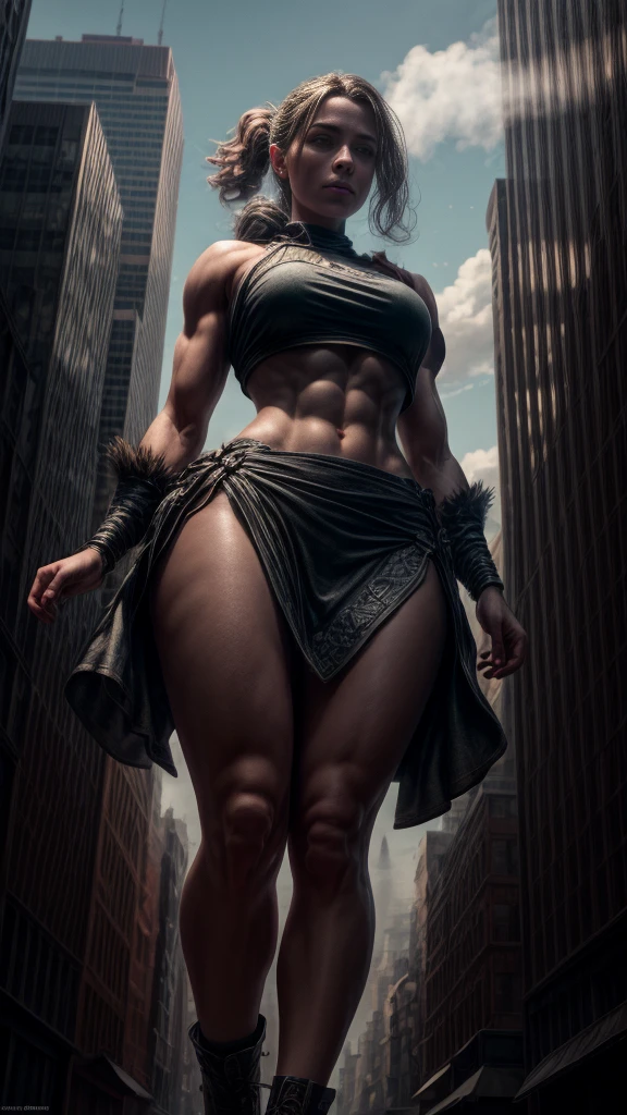 [documentary photo of "A towering Giantess in a cool and laid-colorful hippie style is rocking a crop top and baggy skirt. (barely visible white panties). Her toned and athletic build hints at her massive strength. She seems to be casually strolling through the bustling cityscape of GTS City, as towering buildings loom overhead. Smoke and clouds roil around her, adding to the sense of epic scale and drama. The lighting is dark, gloomy, and realistic, creating a tense and ominous atmosphere. The perspective is from below, emphasizing the sheer majesty and power of the Giantess.".], 
[8K, Best Quality, Masterpiece, Ultra High Resolution, (highly detailed CG unity 8k wallpaper), (best illustration), (best shadows), isometric 3D, octane rendering, ray tracing, highly detailed, (wide panoramic view: 1.1), (Best quality, 4K, 8 k, A high resolution, masterpiece:1.2), absurdity, masterpiece, ultra detailed, (realistic, photorealistic, photorealistic:1.37), complex parts, HDR, (complex parts:1.12), (hyper detailed, hyper realistic, Soft lighting, spicy:1.2), beautiful figure, Magnificent Anatomy, (complex part, Hyper detailed:1.15). Blurred foreground., (backlit), realistic, masterpiece, high quality, brightness, chromatic aberration, by Jeremy Lipking, by Antonio J. Manzanedo, 8k uhd, smoke, shadows, contrast, clear sky, looking_at_viewer, (warm hue, warm tone), high details, natural skin pores]. 