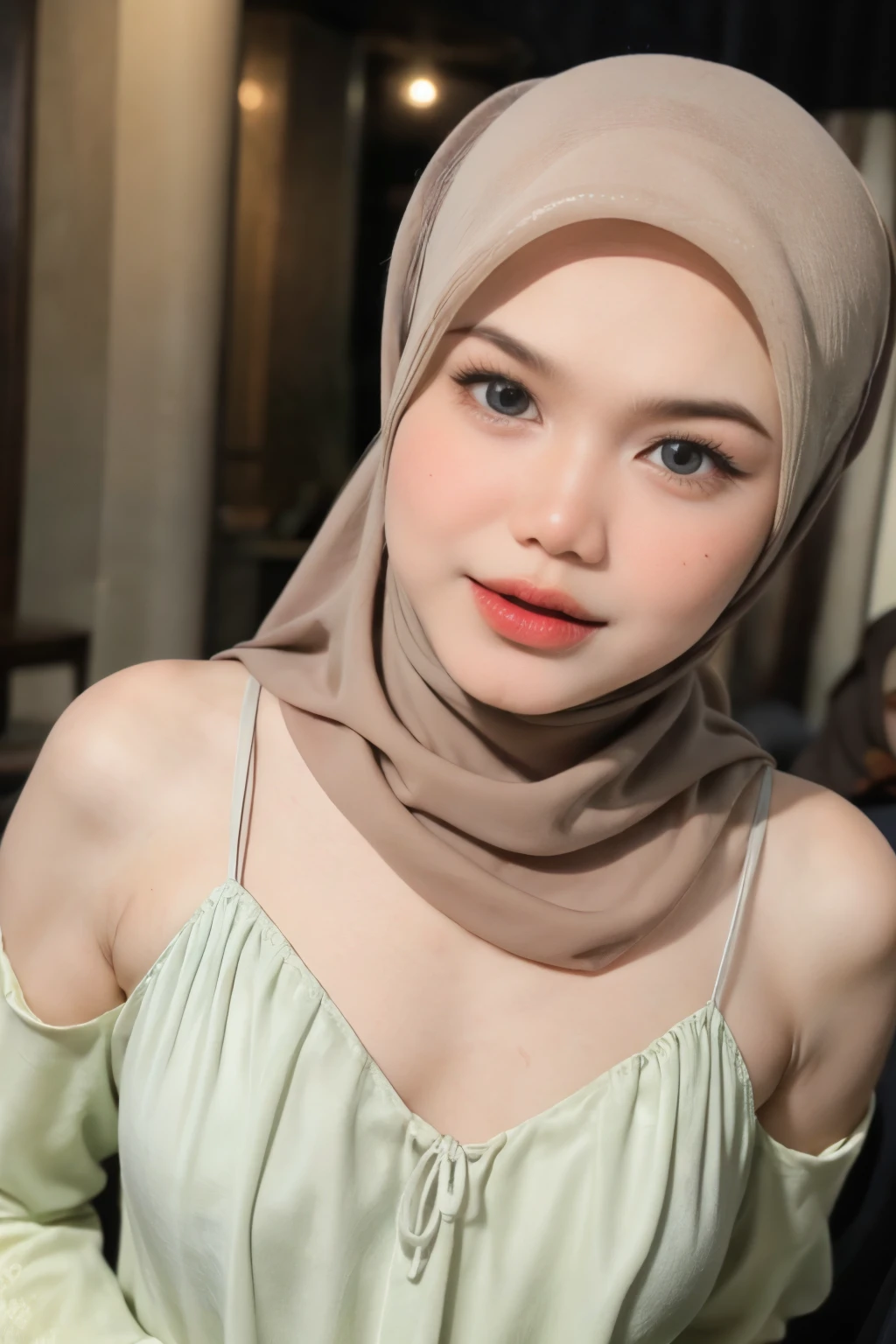 ((Open mouth)), Naked singlet (((HIJAB MALAY GIRL))), masutepiece, High quality, UHD 32K, Realistic face, Realistic skin feeling , A Japanese Lady, , , Very cute and baby-like face, (((FLAT CHEST))), (MATRIX WORLD), ((look In front  at the camera and SADNESS)), ((())), (((CUTE GIRL))), ((BROWN LIPS)), ((LIGHT RED FLUORESCENT)), ((CHUBBY)), (undress, bra strapless 