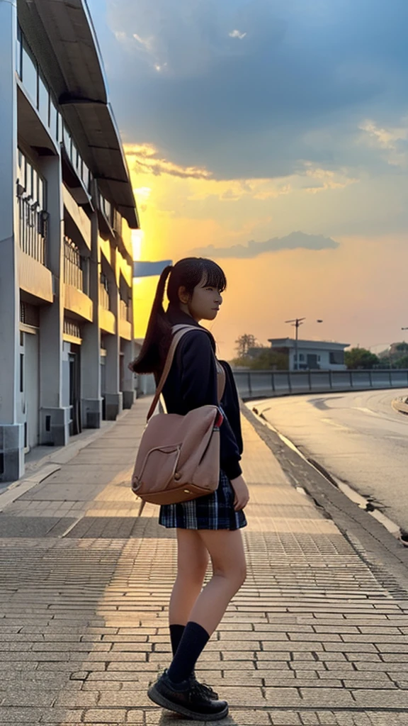 (masterpiece:1.2), (Highest quality:1.3), shallow_sunset, One girl, Are standing, high school girl, Student bag_Have,Scene from school