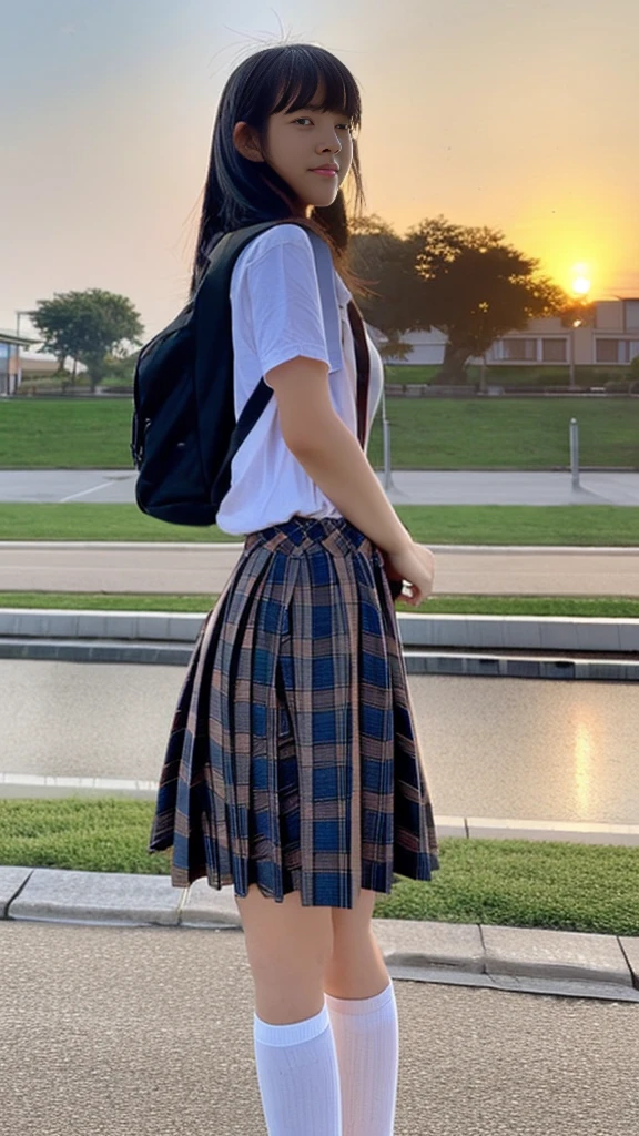 (masterpiece:1.2), (Highest quality:1.3), shallow_sunset, One girl, Are standing, high school girl, Student bag_Have,Scene from school