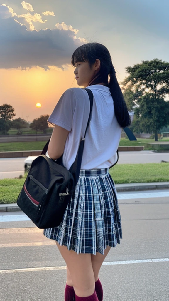 (masterpiece:1.2), (Highest quality:1.3), shallow_sunset, One girl, Are standing, high school girl, Student bag_Have,Scene from school