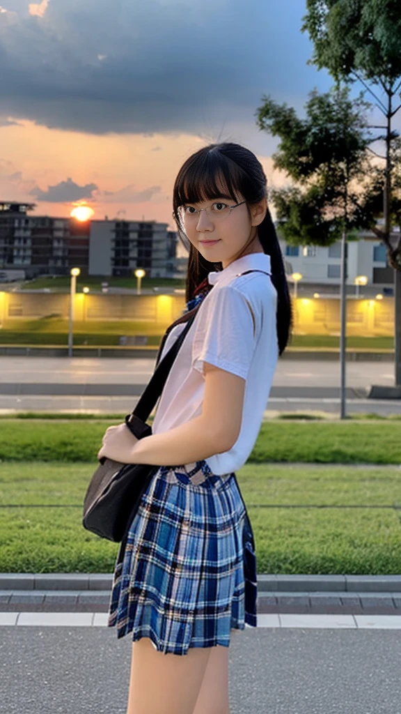 (masterpiece:1.2), (Highest quality:1.3), shallow_sunset, One girl, Are standing, high school girl, Student bag_Have,Scene from school