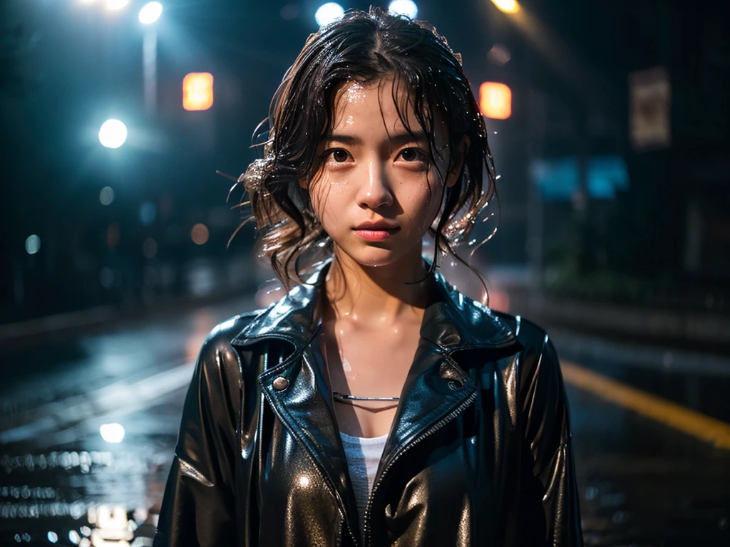 Wet roads ,drenched, Dripping, Wet Face,Wet clothes, Wet Skin, Wet Hair,A young woman with a cute face like an idol,chest,((Daytime)),(Cinema lighting),(High level of artistry),(Artistic),RAW Photos,Genuine,Genuine,High resolution,RAW Photos,masterpiece, beautiful